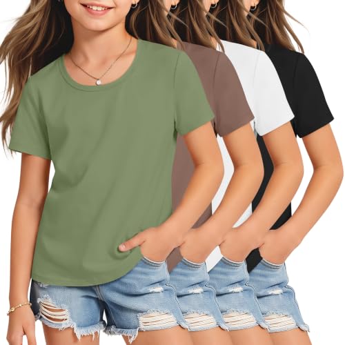 Mumucove 4 Pack Girls Tshirts Tween Cute Summer Tops Teen Slim Fitted Basic Tees Short Sleeve Clothes for Kids Ages 5-14(13-14 Years,Black, White, Mocha, Matcha Green)