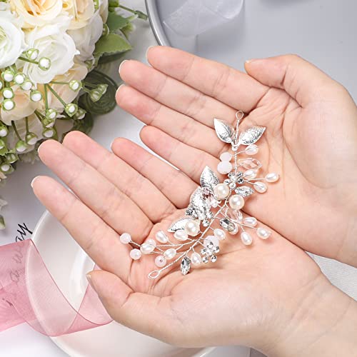 Brautschmuck, Etercycle Braut Kopfschmuck Hochzeit Haarspangen Kristall Haarnadeln Reben Blume Blatt Perle Haarschmuck für Braut (Silber)