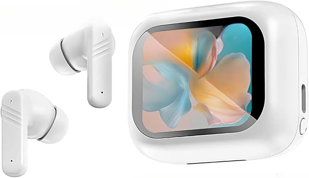 Wireless Earbuds with Full Color Touchscreen, Bluetooth 5.4, ANC Active Noise Cancellation, ENC Call Noise Reduction, IPX4 Water Resistant, HiFi Sound Quality, (White) (Black)