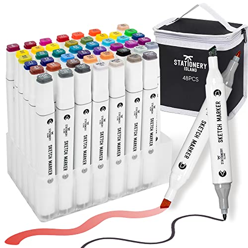 STATIONERY ISLAND Alcohol Markers 48 Colours Marker Pens for Adults & Kid, Dual Tips Art Manga Marker Pen Set for Artists and Beginners Drawing,Design,Graffiti,Highlighting, Underlining