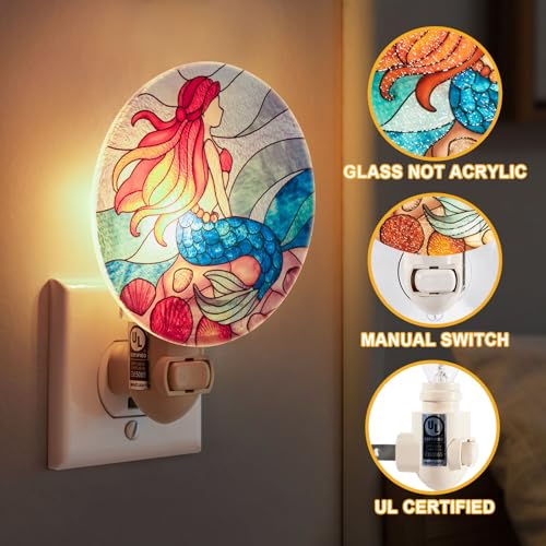Image of Coastal Night Light Little Mermaid Plug in Wall Girls Room Bathroom Ocean Theme Made with Real Glass, Bulb Included, Manual On & Off