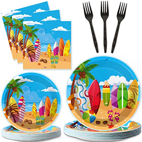 Image of 100 Pcs Summer Beach Surfing Party Paper Plates Napkins Supplies for Pool Surfs up Surfboard Theme Birthday Party Decorations Luau Bbq Picnic favors Disposable Dinnerware Plate Serves 25