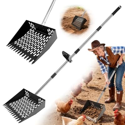 PETDOTT 2-in-1 Chicken Poop Scooper & Rake, Ergonomic D-Grip, 31-77" Adjustable Stainless Steel Handle, Sturdy Easy-Clean Shovel for Chicken Coops, Sandy Areas & Most Surfaces