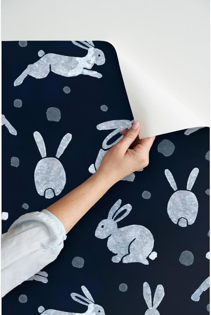 Peel & Stick Wallpaper 3ft x 2ft - Indigo Rabbits Dark Blue Bunny Snow Hare Winter Animals Custom Removable Wallpaper by Spoonflower