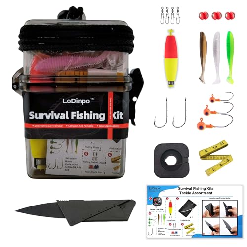 LoDinpo Survival Fishing Kit Mini Small Emergency Fishing Gear Pocket Tactical Fishing Tackle Travel Surf Fishing Box Backpacking Survivalist Fishing Accessories Pack Gifts for Fishing Starter Men