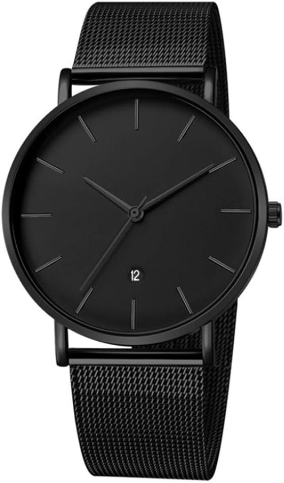 Mens Black Watch Ultra Thin Minimalist Fashion Luxury Wrist Watches with Digital Calendar, Business Waterproof Casual Quartz Watch with Stainless Steel Mesh Band