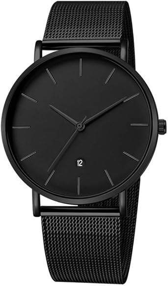 Unendlich U Mens Black Watch Ultra Thin Minimalist Fashion Luxury Wrist Watches with Digital Calendar, Business Waterproof Casual Quartz Watch with Stainless Steel Mesh Band