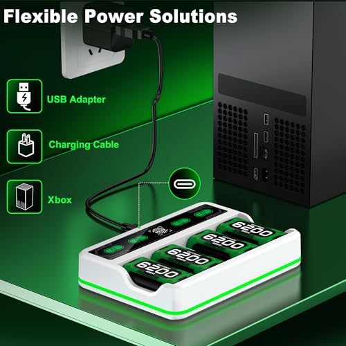 Image of Upgraded Fast Charging Rechargeable Battery Pack for Xbox -4x6200mWh Batteries with Light Control &Charger Dock -Compatible with Xbox Series X|S,One S /X,Elite Controllers, Charger Sets, White