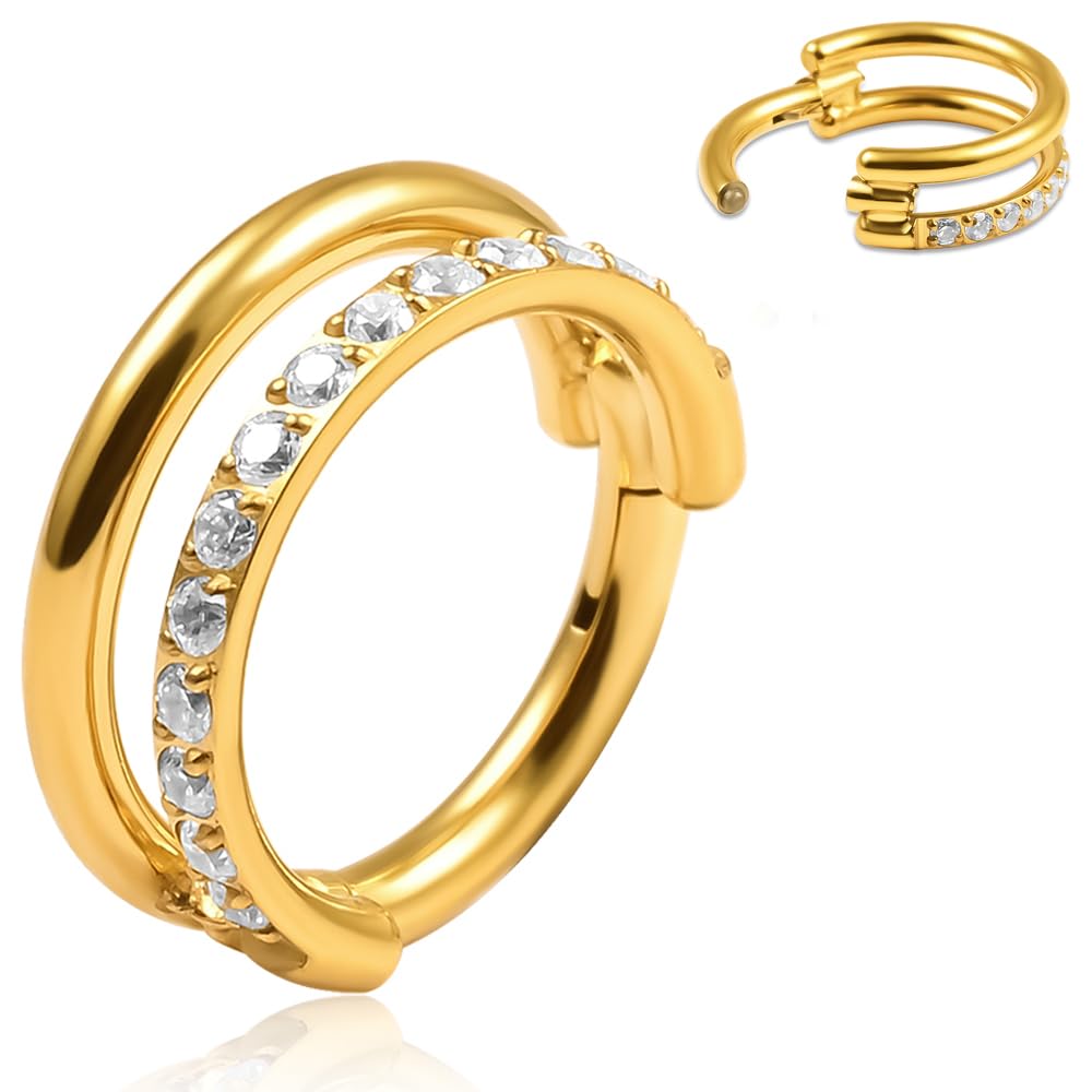 VankulaSeptum Ring G23 Titanium Double-Hoop CZ Hinged Segment Clicker 16G 8mm 10mm Helix Daith Tragus Piercing Jewellery for Men and Women Gold Silver