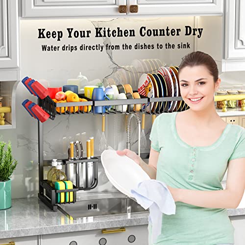 Over The Sink Dish Drying Rack, Length Adjustable (From 33.8" To 41.5") Stainless Steel 2 Tier Large Dish Rack With Cup Holder Utensil Holder Caddy, Kitchen Counter Dish Drainer Organizer, Black #TOP2