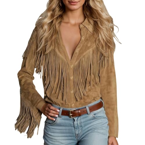T-shirt vintage pour femme en daim à franges style occidental col en V