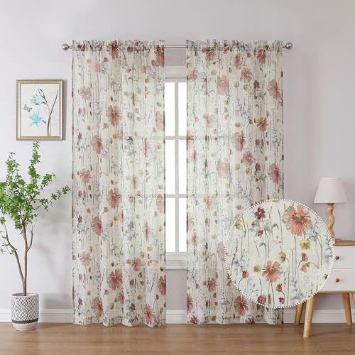 Image of Crushed Sheer Curtains 90 Inch Length 2 Panels Set, Sheer Floral Curtains Printed Drapes on Sheers for Living Room, Rod Pocket Light Filtering Window Sheers 51 inch W x 90 inch L