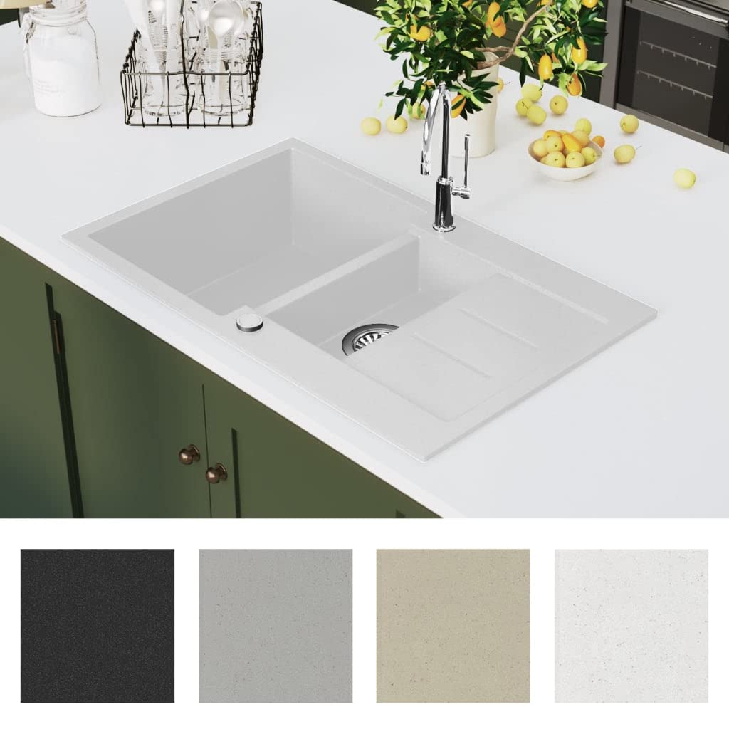 Fregadero de granito doble blanco empotrable con escurridor y residuos, fregadero de cocina de granito resistente a los arañazos con sifón, orificio para grifo, rebosadero, accesorios para