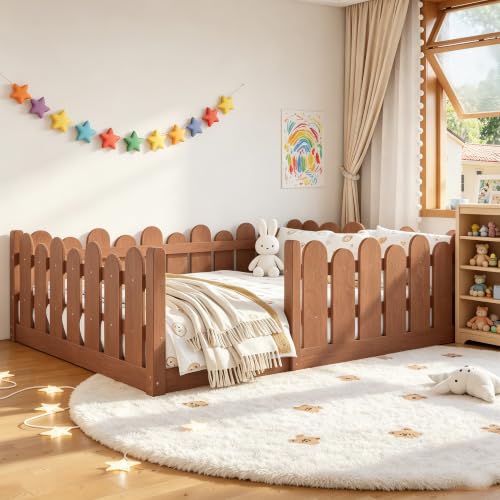 Image of Bellemave Full Size Kids Montessori Floor Bed,Floor Bed Frame with Rounded Safety Guardrail,Solid Wood Montessori Bed for Girls Boys,Brown