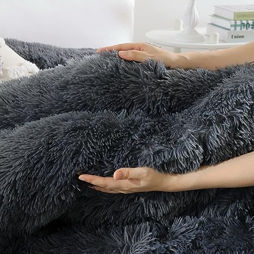 Smoofy Fluffy King Size Comforter Set, Faux Fur Comforter Set, Luxury Fuzzy King Bedding Set, Soft Shaggy Bed Set for All Season, 3 Pieces - 1 Comforter & 2 Pillowcases, Dark Grey