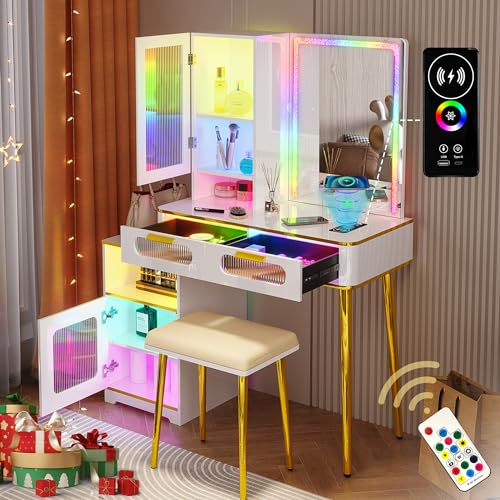 HNEBC Vanity Desk with Sliding Mirror and LED Lights, RGB Vanitys with Charging Station, Makeup Vanitys with Remote Control, White Dresser with Stool/Lager Drawers for Bedroom (Grey) 5080-gr