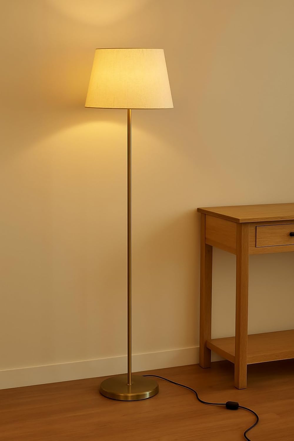 Modern Floor Lamp, Antique Brass Finish, 150 cm Height, Off White Lampshade, LED/Incandescent Compatible, Touch Control-image-44