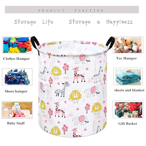 Image of Kids Laundry Hamper Clothes Gift Basket Storage Laundry Baskets Organizer Bin with Handles for Nursery Room (Pink Zoo)