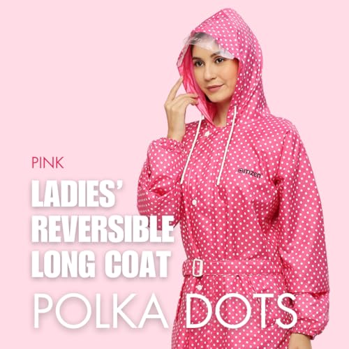 Image of Citizen Polyester Reversible Casual Style Raincoat For Women With Inbuilt Hood,Waist Belt & Matching Carry Pouch|Stylish Polka Dot Design|Durable & Lightweight Rainsuit With High Tearing Strength