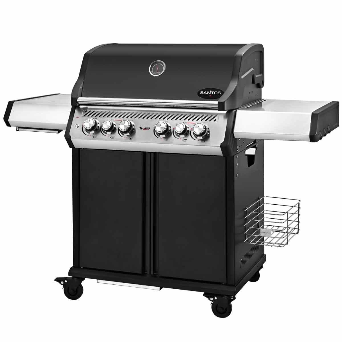 SANTOS Gasgrill S-418 Pro Schwarz - Premium Gasgrill 4 Brenner - 800°C Infrarot Seitenbrenner & Heckbrenner - Langlebiger BBQ Gas Grill mit optimaler Isolierung - Edelstahl Grillrost & Warmhalterost