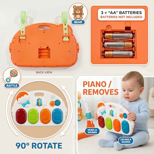 Image of StarAndDaisy Baby Play Gym mat, Kick & Play Gym mat with Adjustable Piano for Baby, Infants & Toddler Gym /Play mat with Hanging rattles Toys Music & Light - Orange