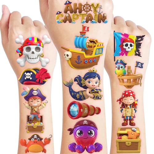 Image of 96 PCS Pre-cut Pirate Temporary Tattoos for Kid, 8 Sheets 3D Kawaii Cartoon | Pirate Party Favors, Waterproof Fake Tattoos Stickers for Boys Girls Goodie Bag Fillers, Treasure Birthday Decorations