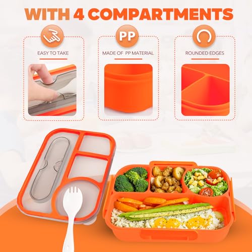 Image of EASYFUN Bento Box Adult, Lunch Box, 4-Compartment Lunch Containers, Drop-Proof, Dishwasher Safe & Made with BPA-Free Materials (Orange)