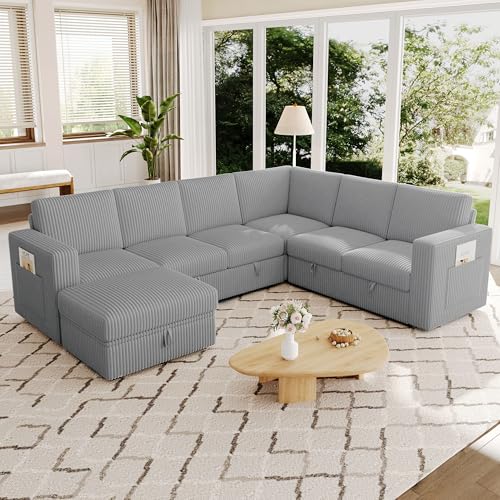 Image of 106.7 inch Corduroy Sectional Sleeper Sofa, Pull Out Couch with Storage, Gray | 7 Seat Comfy Couches for Living Room, Apartments, or Guest Spaces; Sectionals Modular Sofa Design, Comfortable Seating.