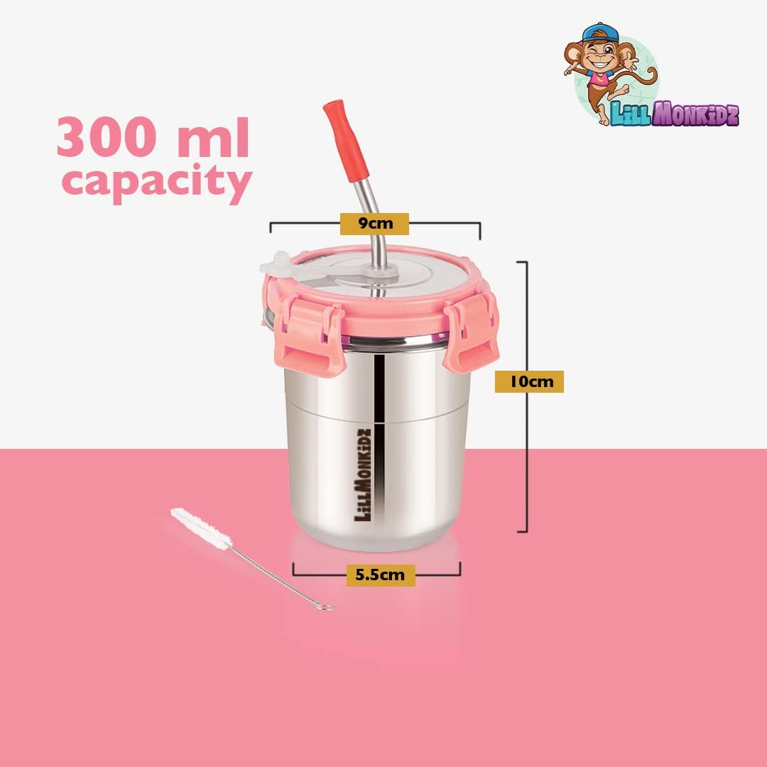 LiLLMONKiDZ Stainless Steel Tumbler for Kids 300ml | Tumbler Glass with Straw for Kids | Steel Tumbler with Lid, Straw, Cleaning Brush and Silicon | (Ice Pink 1pc) - Image 2 thumbnail