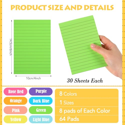 Image of Yexiya 64Pcs Lined Sticky Notes 4x6'' Self Stick Notepad Classic Color