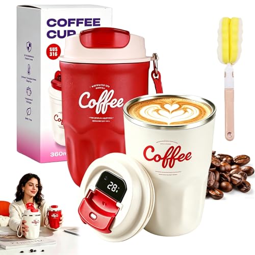 Image of GDSAFS Coffee Vacuum Flask, 12 OZ Insulated Coffee Travel Mug with Led Digital Temperature Display, Coffee Travel Mug Spill Proof with Carry Cord for Keep Hot /Ice Coffee,Tea and Beer (2pcs-smart-b)