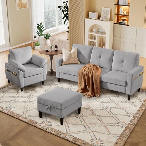 Image of 3 Pieces Sofa Set for Living Room with Sofa, Storage Ottoman and Single Chair
