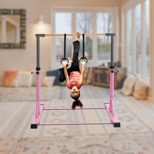 Gymnastics Training Bar with Handgrips, 5FT/6FT Adjustable Height Gym Equipment, Pink Gymnastics Kip Bar for Kids and Teenager Ages 3-15, Gymnastic Horizontal Bar for Gymnast