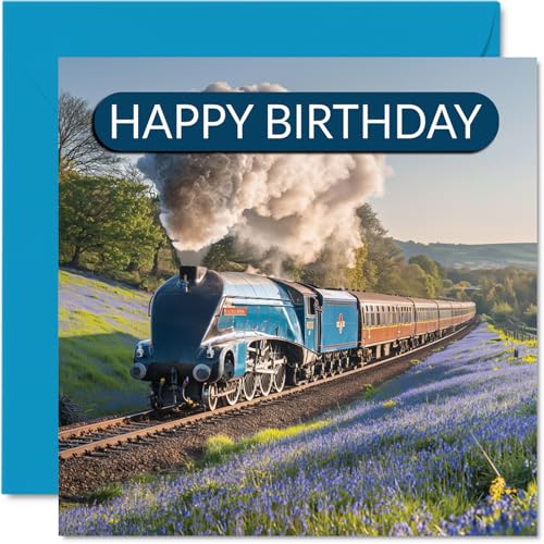 Tarjeta de cumpleaños para entusiastas de los trenes, trenes de vapor Mallard, tarjeta de feliz cumpleaños para amigos, familiares, colegas, 145 mm x 145 mm, tarjetas de felicitación de locomotora de