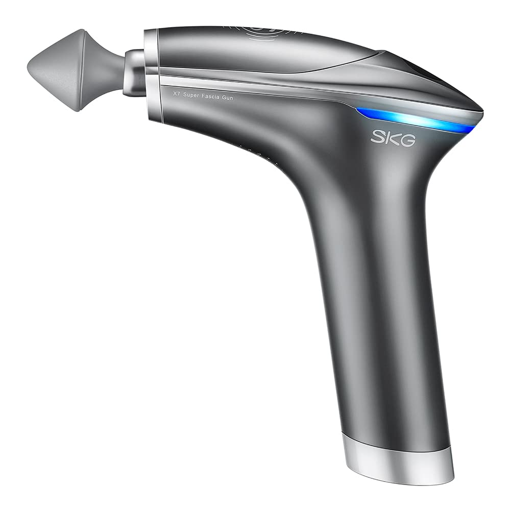 SKG Pistola da massaggio X7-E grigia, ampiezza 14 mm, motore 300mN.m, trasmissione a 5 velocità, massaggiatore professionale per tessuti profondi per recupero muscolare e sollievo dal dolore -