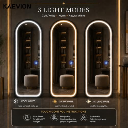 Image of 5x2 ft Black Arched LED Full-Length Mirror- 5mm HD Shatterproof Glass, 3-Color Dimmable Light Up Full Body Mirror, Vanity Floor Leaning Wall Mounted Mirror