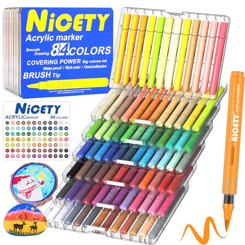 Image of NICETY 84 Colors Acrylic Paint Markers - Water-Based Brush Tip Acrylic Paint Pens with 1-5mm Flexible Tips and Automatic Ink Control for Rock Wood Glass Ceramic Fabric and Canvas