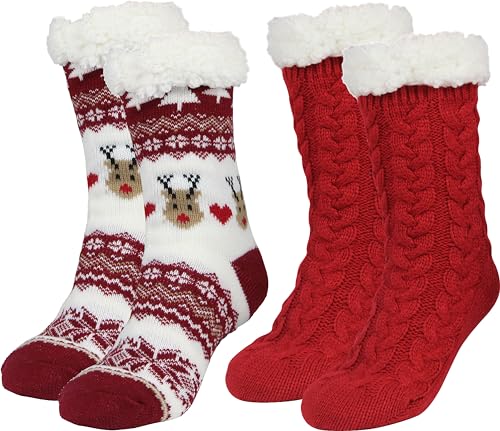 Image of Slipper Socks for Women with Gripper - Winter Non Slip Thick Fuzzy Socks - Warm Cozy Christmas Gift
