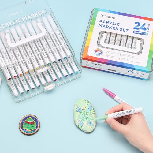 Image of languo 24 Colors Acrylic Paint Markers Pens Set, Soft Brush Tip Markers with Fast Drying & No-Bleed Ink, Acrylic Paint Pens for Rock, Wood, Egg, Ceramic, Fabric Painting, Art Supplies and DIY Crafts