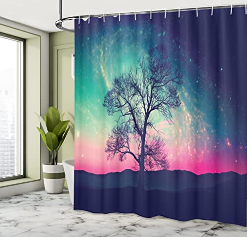 ABAKUHAUS Galaxy Shower Curtain, Vibrant Stars Space Cosmic Lonely Tree Aurora Borealis - Image 4