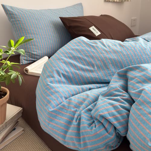 Image of Striped Duvet Cover Set Washed Cotton,Twin XL(68 inchx90 inch),Pinstripes Blue