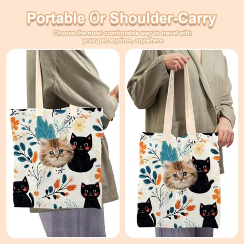 Bolsa de transporte para mascotas con diseño de gatos negros y flores 7