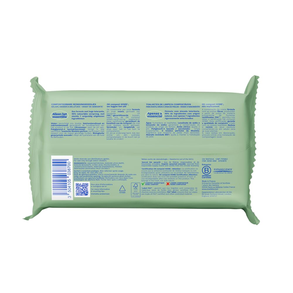 Mustela Salviette Cambio Pannolino Compostabili Profumate 100% Fibre Lyocell Origine Vegetale 60 Pezzi