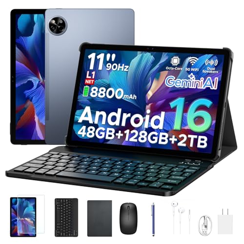 Image of P11 2026 Android 16 Tablet, 11 Inch Android Tablet with Gemini AI, UNISOC T7250 90Hz Display, 48GB RAM+128GB ROM, 8800mAh, Widevine L1, 5G WiFi, Face ID, Tablet with Keyboard, Pen, Gray