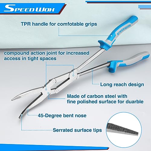 Speedwox DJBNP13-1438-FBA 13-Inch Dual Pivot Pliers Bent Long Nose Dual Material Pliers Double Joint Bent Long Nose Plier Long Reach Pliers Bent Needle Nose Pliers Extra Long Reach Compound Action Pliers thumb #1