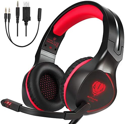 BUTFULAKE Gaming Headset for PS4, Xbox One, Xbox One S, PC, Nintendo Switch, Mac, Laptop, Computer, 3.5mm Wired Over Ear Gaming Headphones with LED Light & Noise Cancelling Microphone, Red