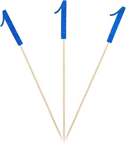 Palitos de centro de mesa de primer cumpleaños con purpurina azul, paquete de 12 decoraciones de fiesta de aniversario número 1