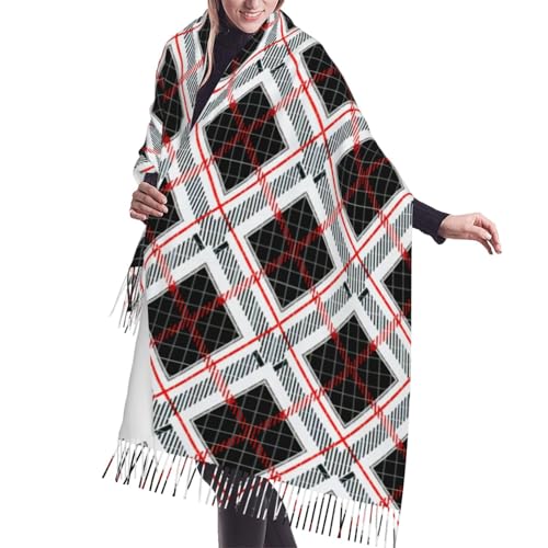 EOQIFJM Classical-Checkered-Plaid-Retro-Textile-Design-Motifs-Chequ Soft Winter Scarf For Women Men,Faux Cashmere Warm Tassel Scarf