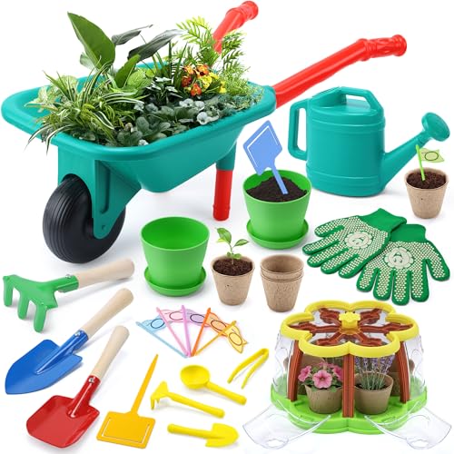 CUTE STONE Kids Gardening Set, Plant Growing Kit with Wheelbarrow,