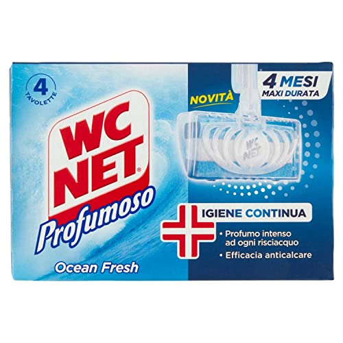 Wc Net - Tavoletta Profumoso Igiene Continua, Detergente Igienizzante Solido Per Wc, Azione Anticalcare E Profumo Intenso, Fragranza Ocean Fresh, 4 Pe